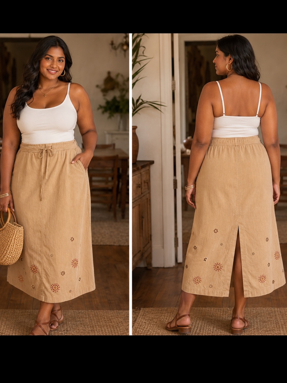 Embroidered Drawstring Maxi Skirt in Beige-Tan NWOT - Picture 4 of 5